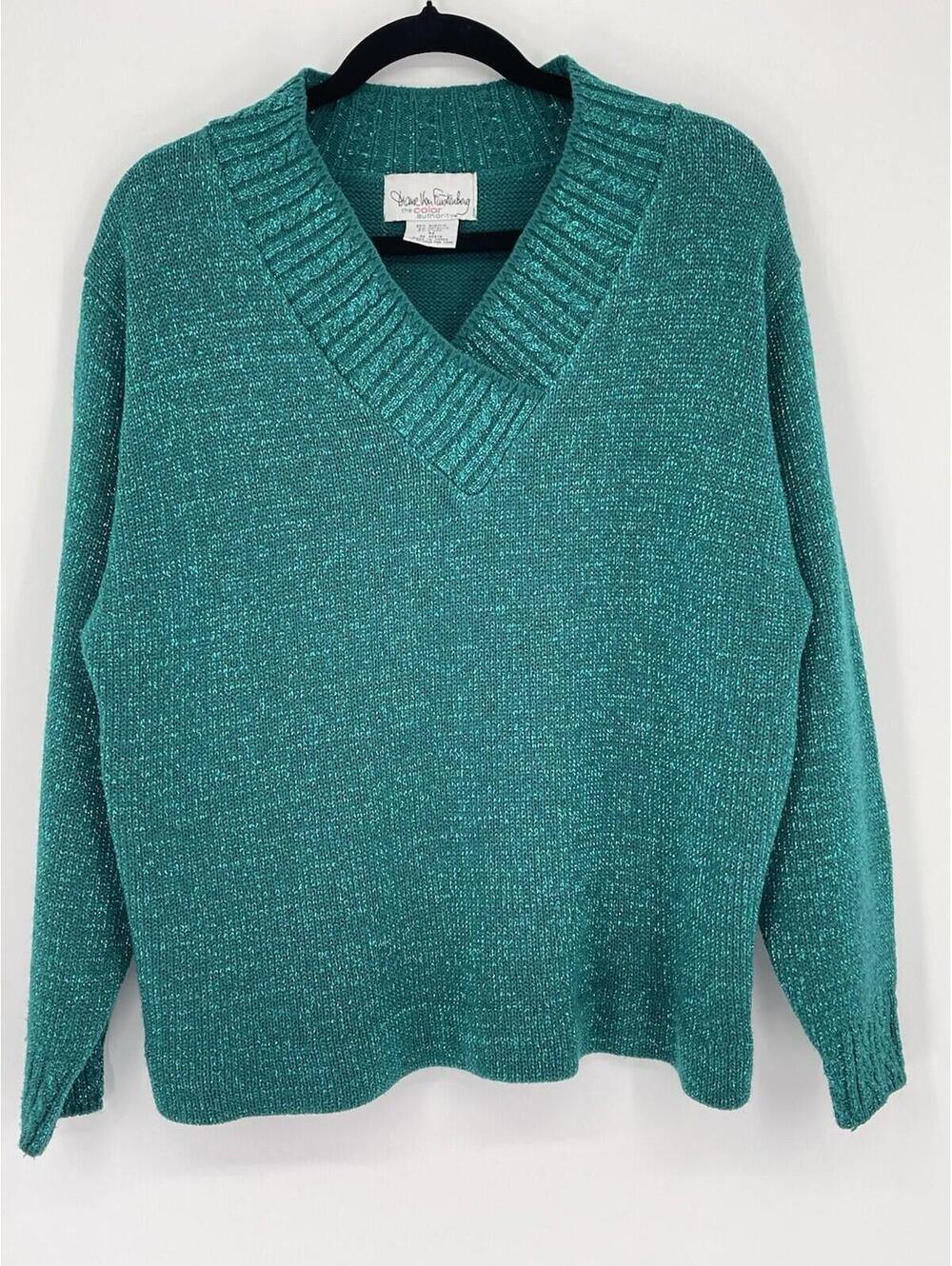 DVF Diane Von Furstenberg Teal Metallic Knit Sweater V-Neck Size M